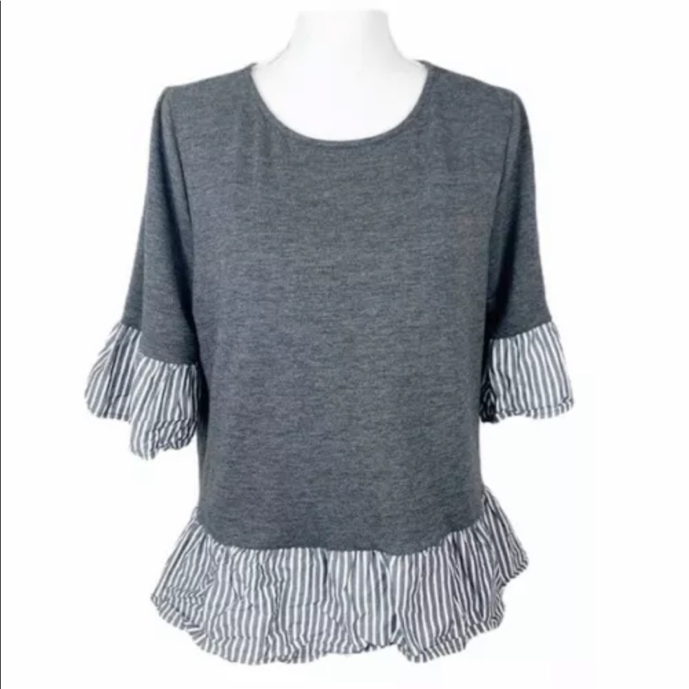 Anthro Pleione Peplum Layered Look Blouse Top Gray White Women's Size Medium